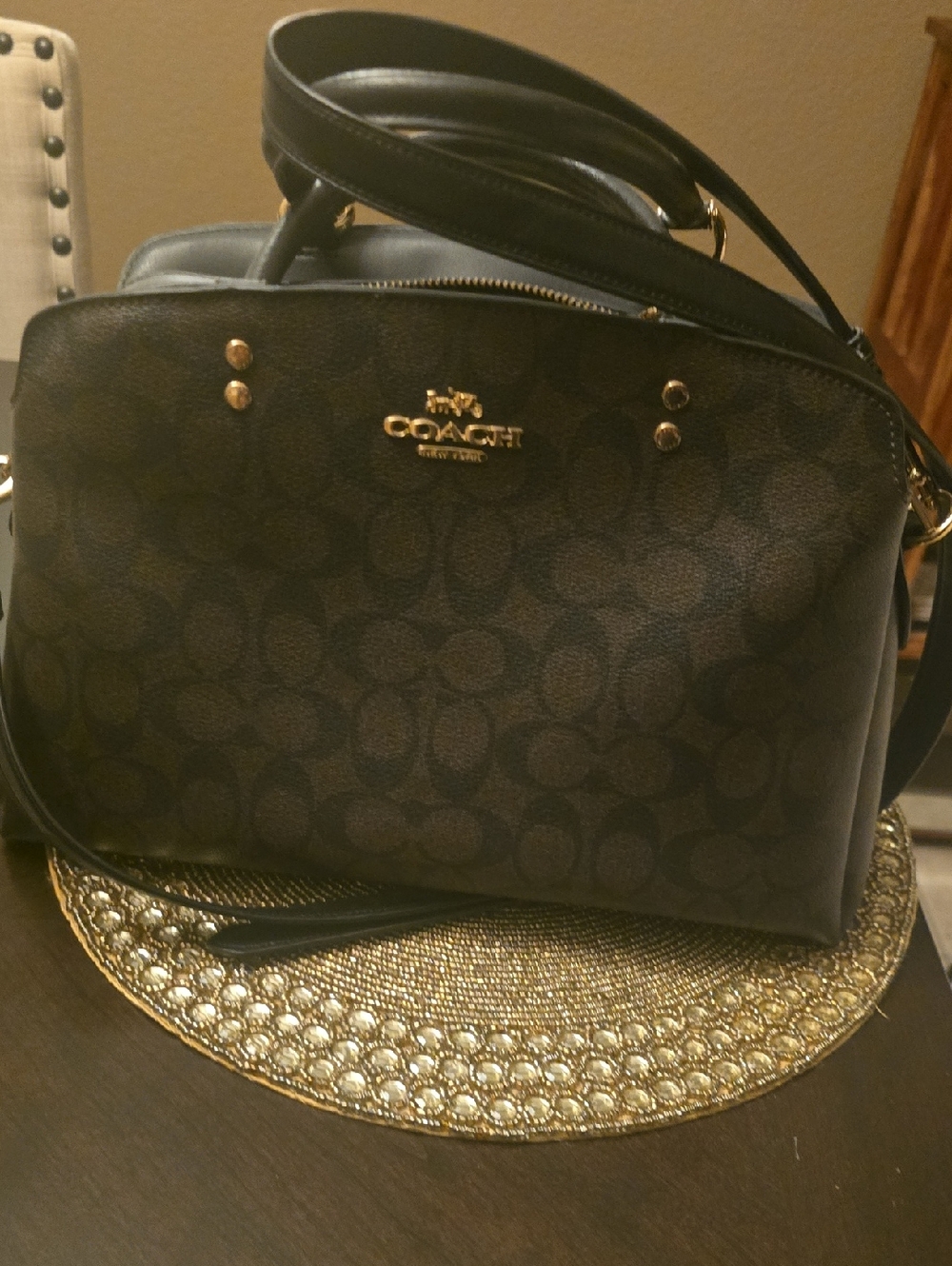 Coach Brown and Black Signature Dome Satchel with Gold Hardware